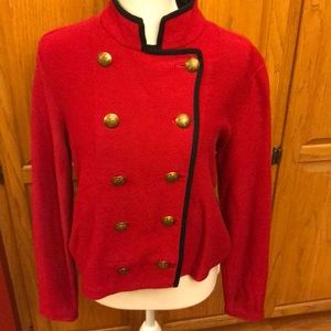 Classic red double breasted sweater jacket.